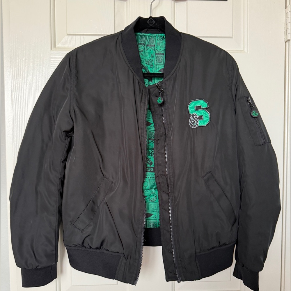 Blackmilk Slytherin Varsity Jacket. Black with green lining. Small.